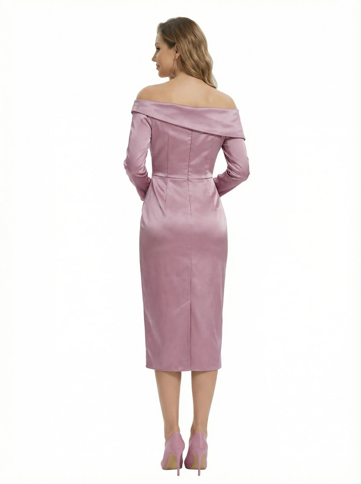 Chicsew Chic Off Shoulder Long Sleeves Sheath Satin Mother of The Groom Dress