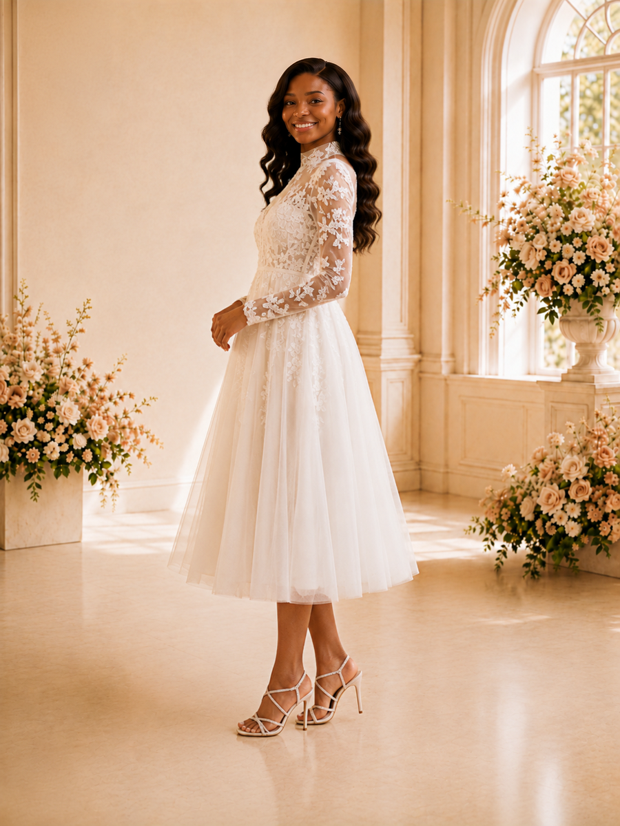 ChicSew Elegant High Neck Long Sleeves Lace Appliques Tulle Tea-Length Wedding Dress