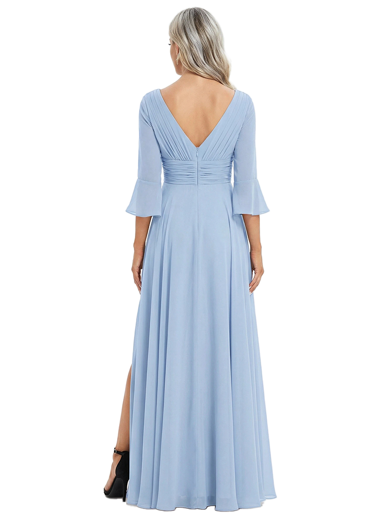 ChicSew V-Neck Long Sleeves Ruffle Mother Of The Bride Gown Chiffon A-Line With Slit