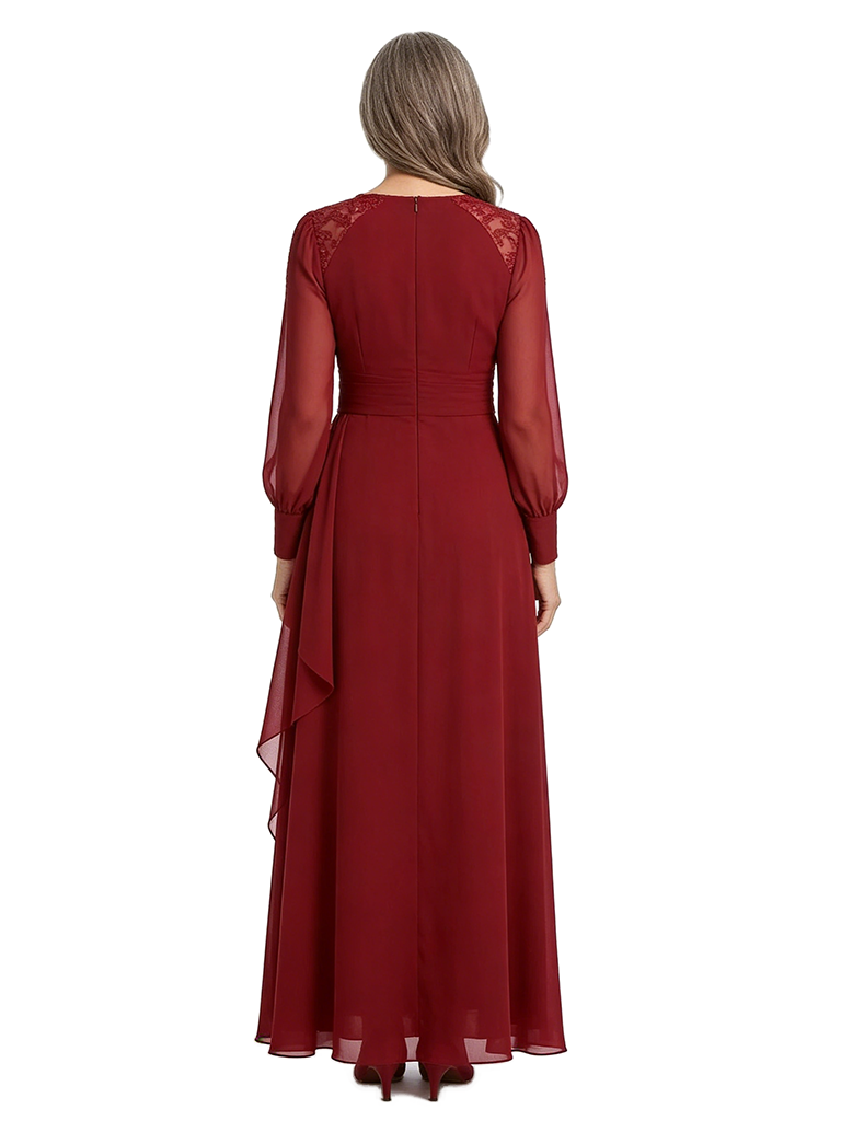 ChicSew Jewel  Lace  Long Sleeve Ruched Waist Floor Length Chiffon Romantic Mom Of The Groom Dresses