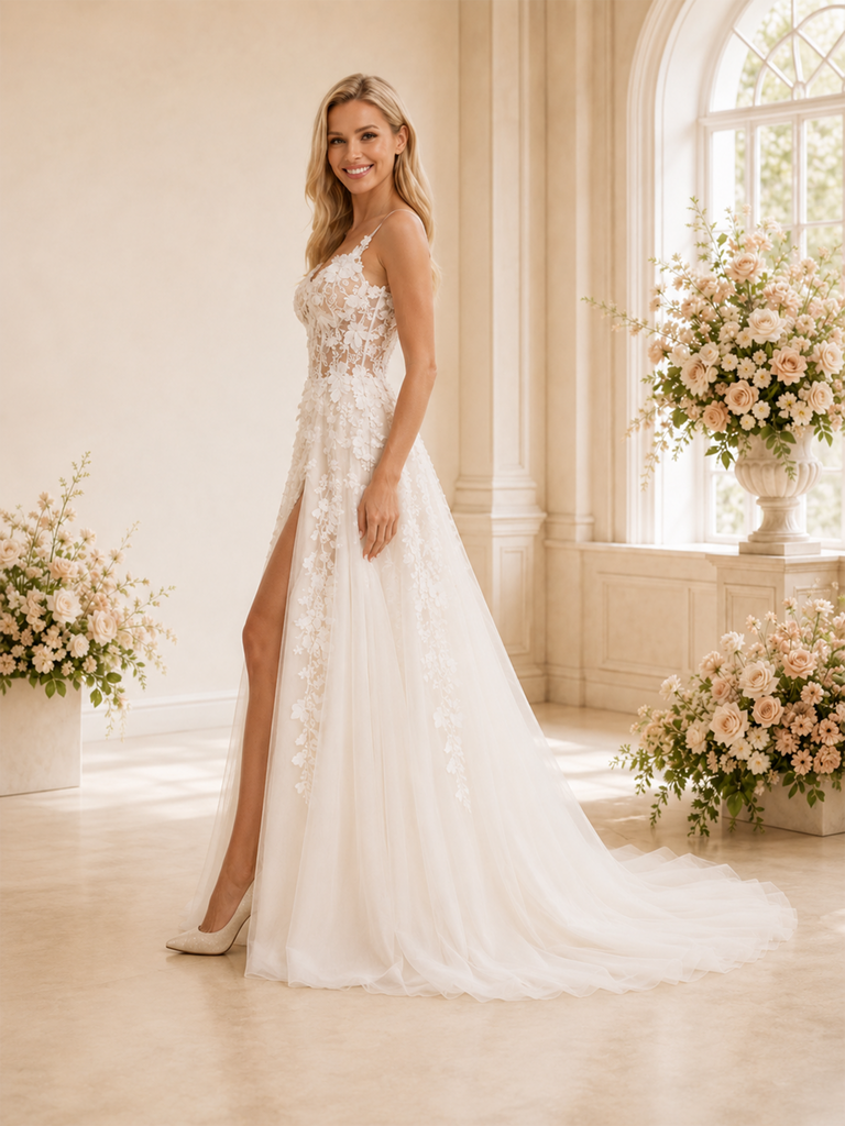 ChicSew Unique Spaghetti Straps A-Line Boning Lace Tulle Side Slit Long Wedding Dresses