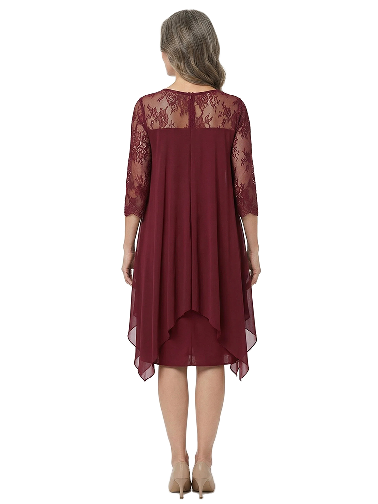 ChicSew Jewel 3/4 Sleeve Lace Overlay Asymmetrical Hem Chiffon Knee Length Mother of the Bride Dresses