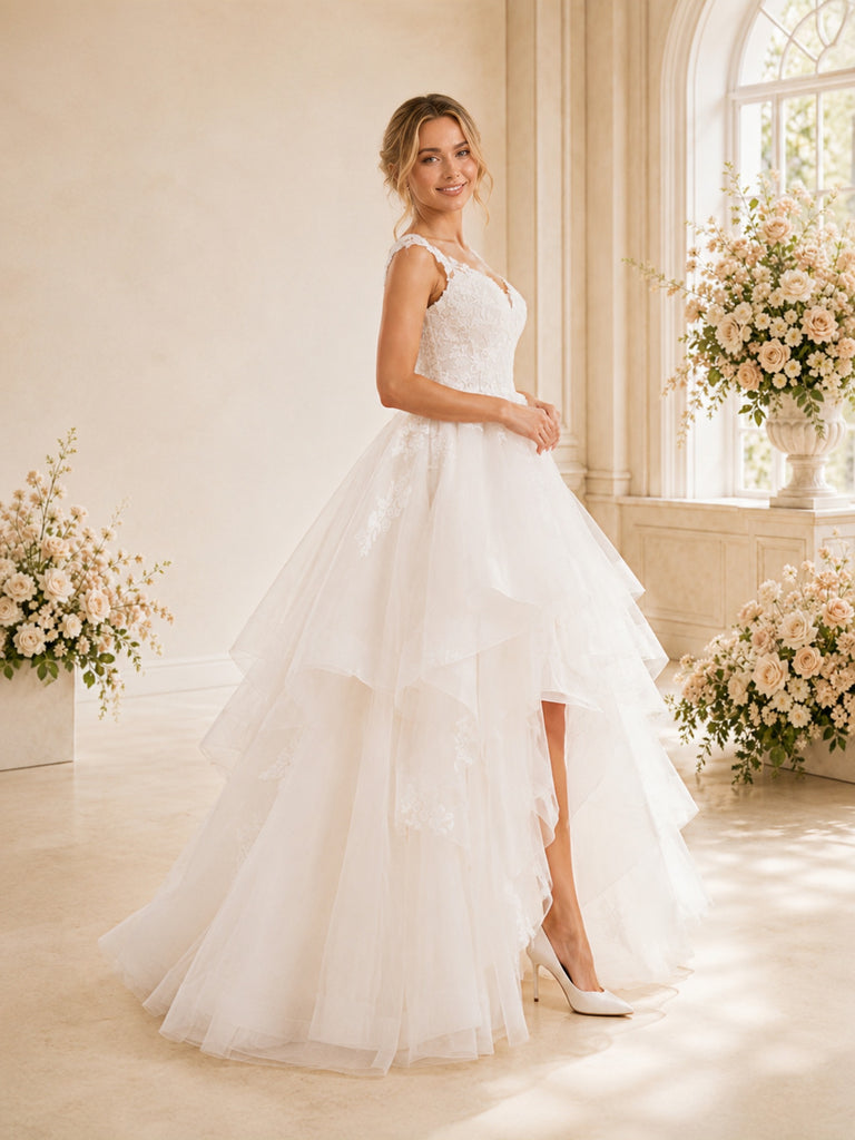 ChicSew Spaghetti Straps V-Neck A-Line High-Low Lace Tulle Wedding Dresses