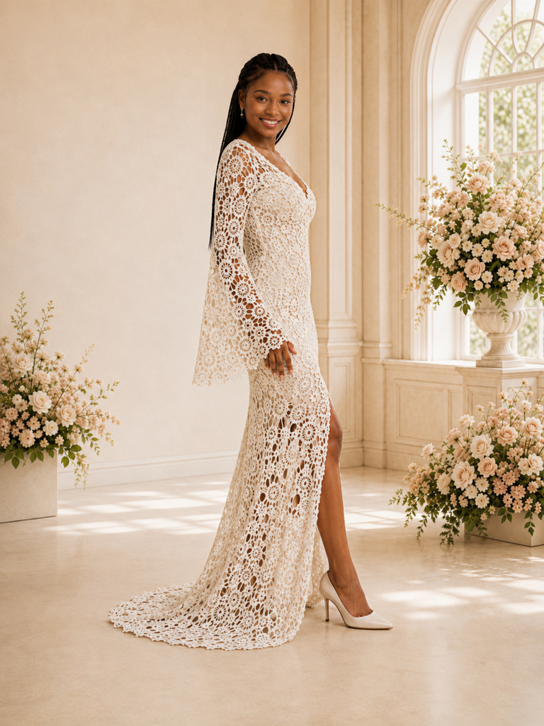 ChicSew Unique V-Neck Lace Appliques Long Sleeves Side Slit Maxi Mermaid Wedding Dress