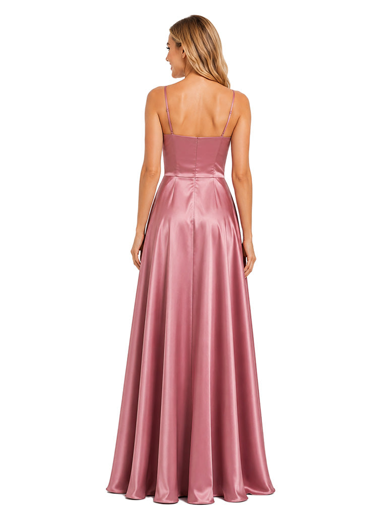 ChicSew Elegant Square Neck Spaghetti Straps Side Slit Flowy A-Line Floor-Length Satin Bridesmaid Dresses