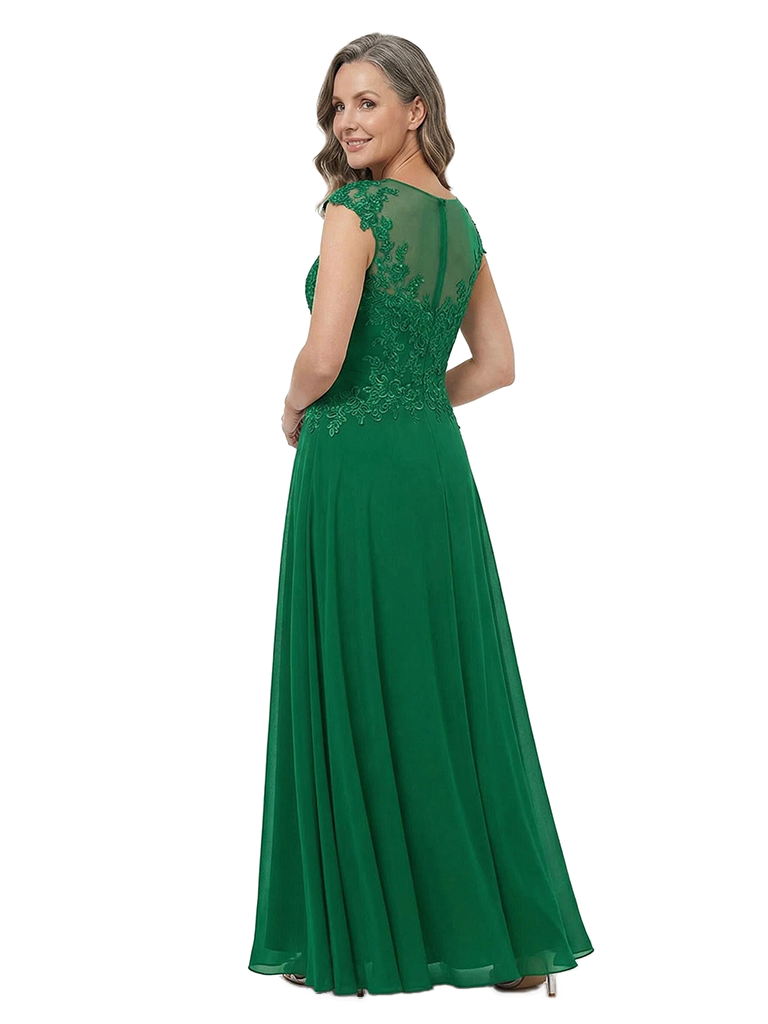 ChicSew Jewel Cap Sleeves Lace Appliques Floor Length Chiffon Sophisticated Mother Of The Bride And Groom Dresses