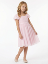 Chiffon A Line Flower Girl Dress with Square Neck Puff Sleeves and Pleated Midi Skirt