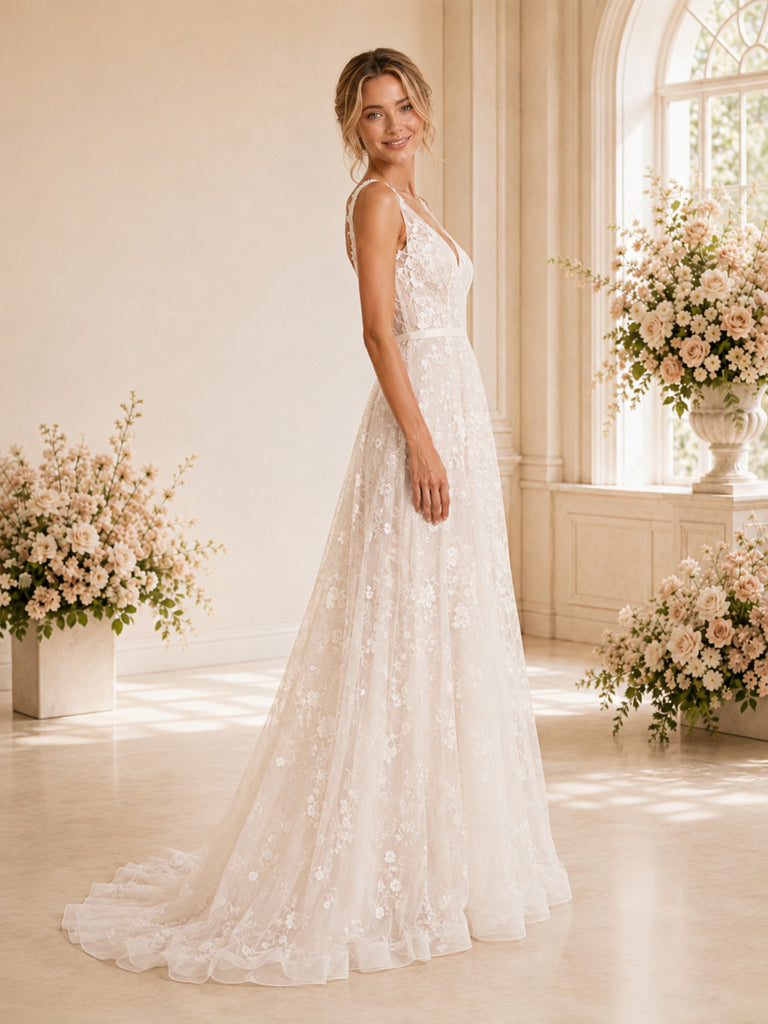 ChicSew Sexy Deep V-Back A-line Spaghetti Straps V-Neck Long Wedding Dresses Online