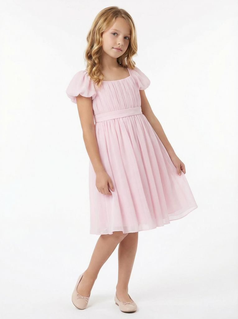 Chiffon A Line Flower Girl Dress with Square Neck Puff Sleeves and Pleated Midi Skirt