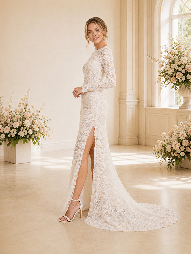 ChicSew Sexy Long Sleeves Side Slit Sabrina Mermaid Lace Wedding Dresses With Long Train