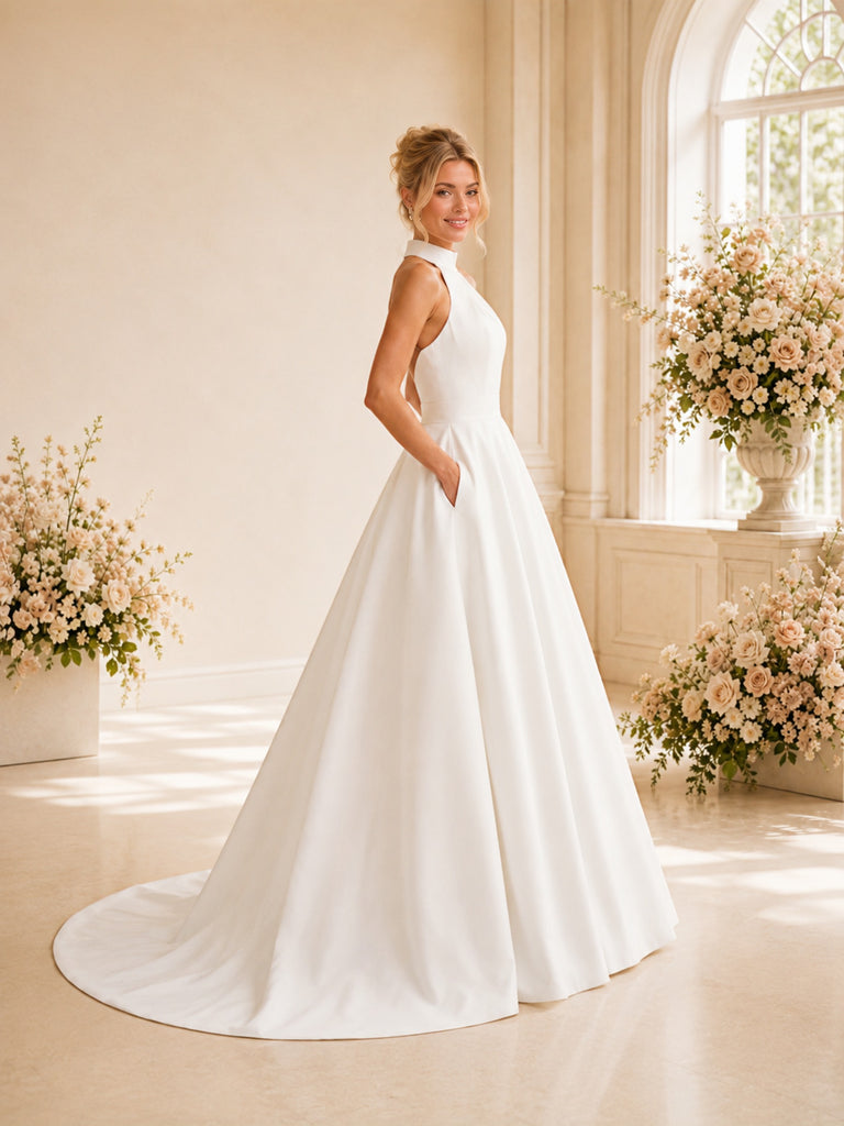 ChicSew Classic High Neck Sleeveless Satin A-Line Floor-Length Wedding Dresses