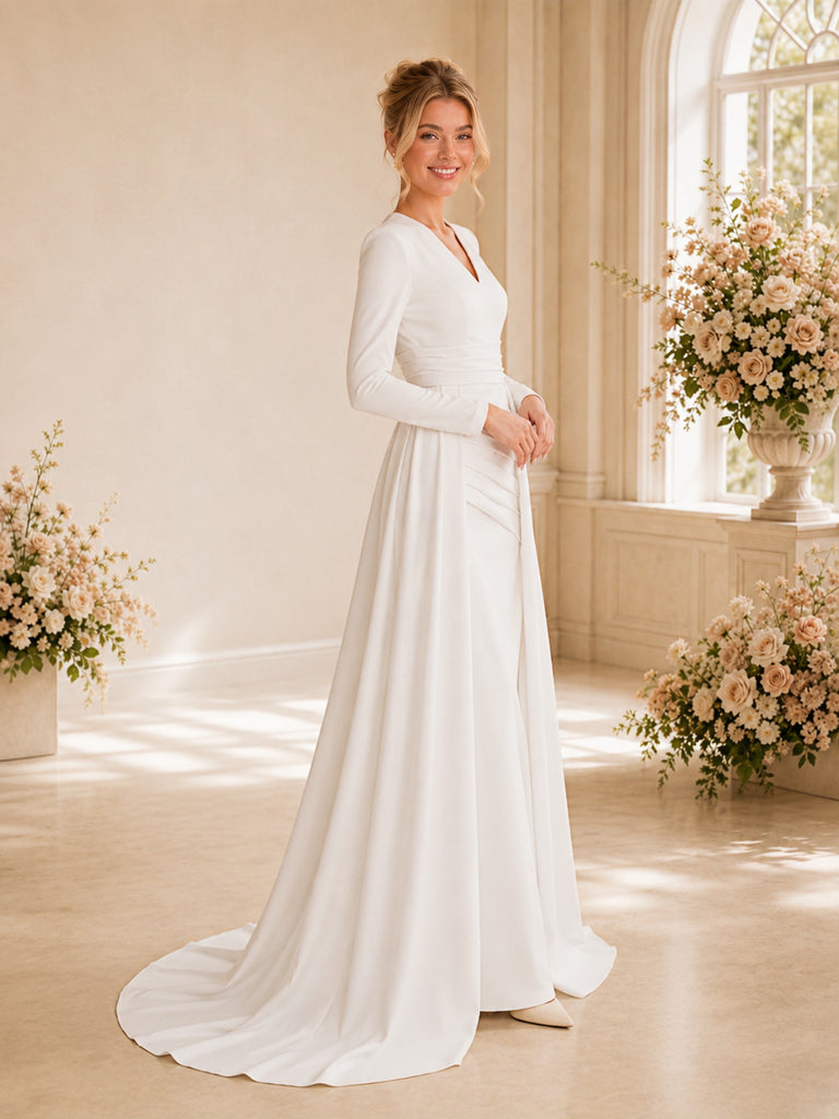 ChicSew Elegant V-Neck Ruching Long Sleeves Crepe Sheath Long Wedding Dresses