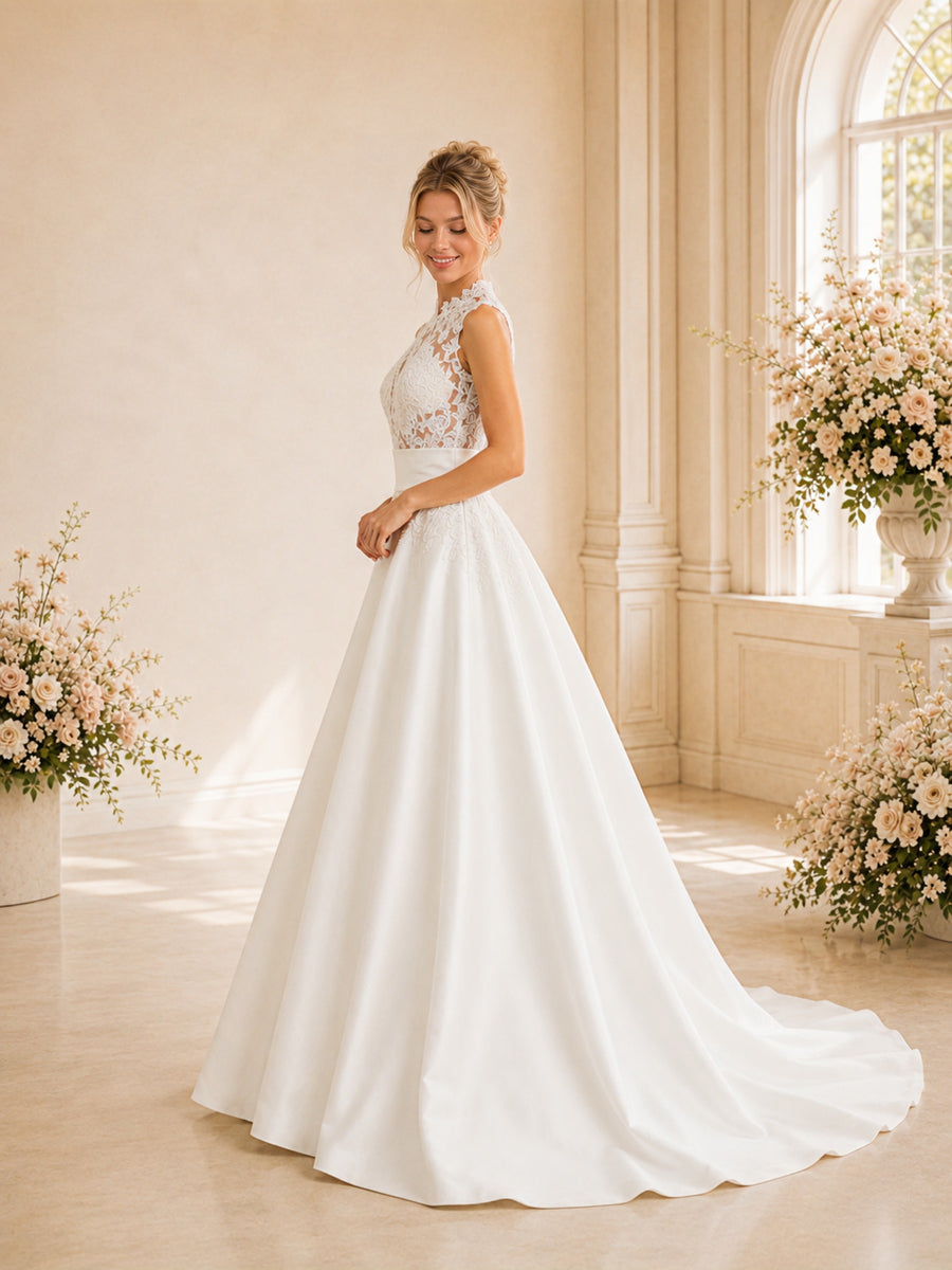ChicSew Elegant High Neck Sleeveless Lace Satin A-Line Long Wedding Dress