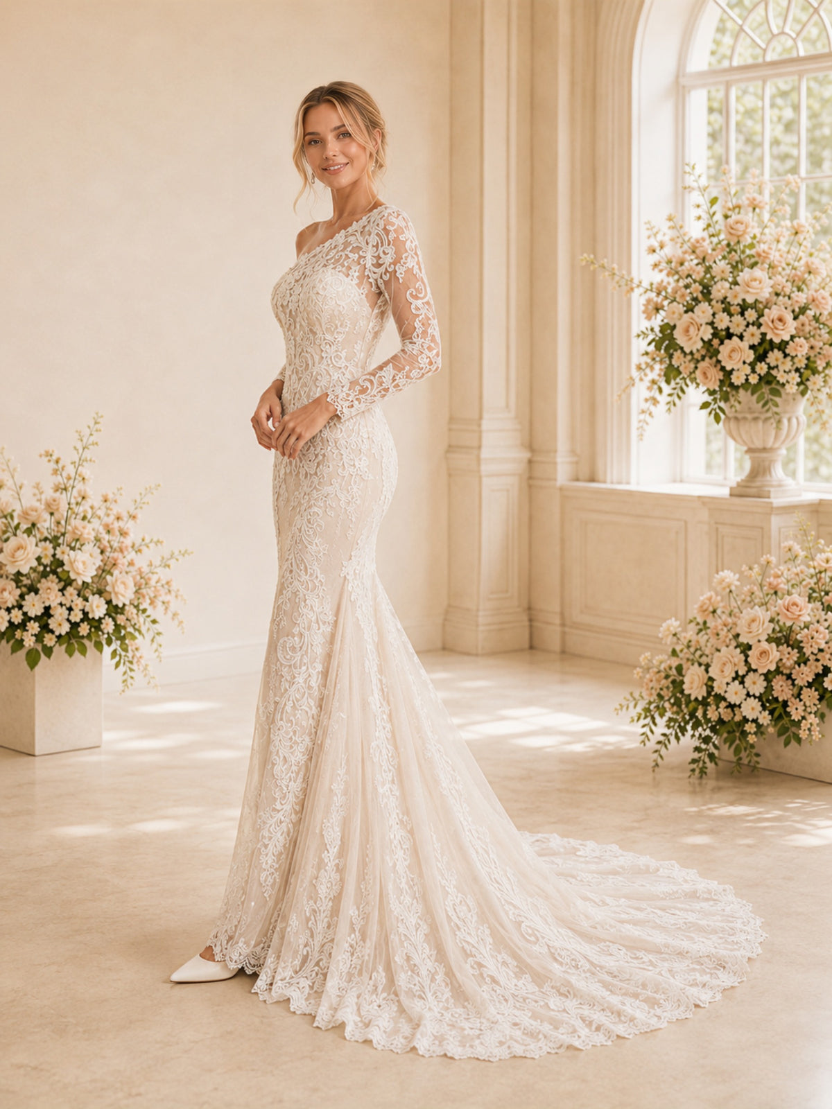 ChicSew Romantic Long Sleeve Mermaid Lace Wedding Dress With Asymmetric Neck And Long Train