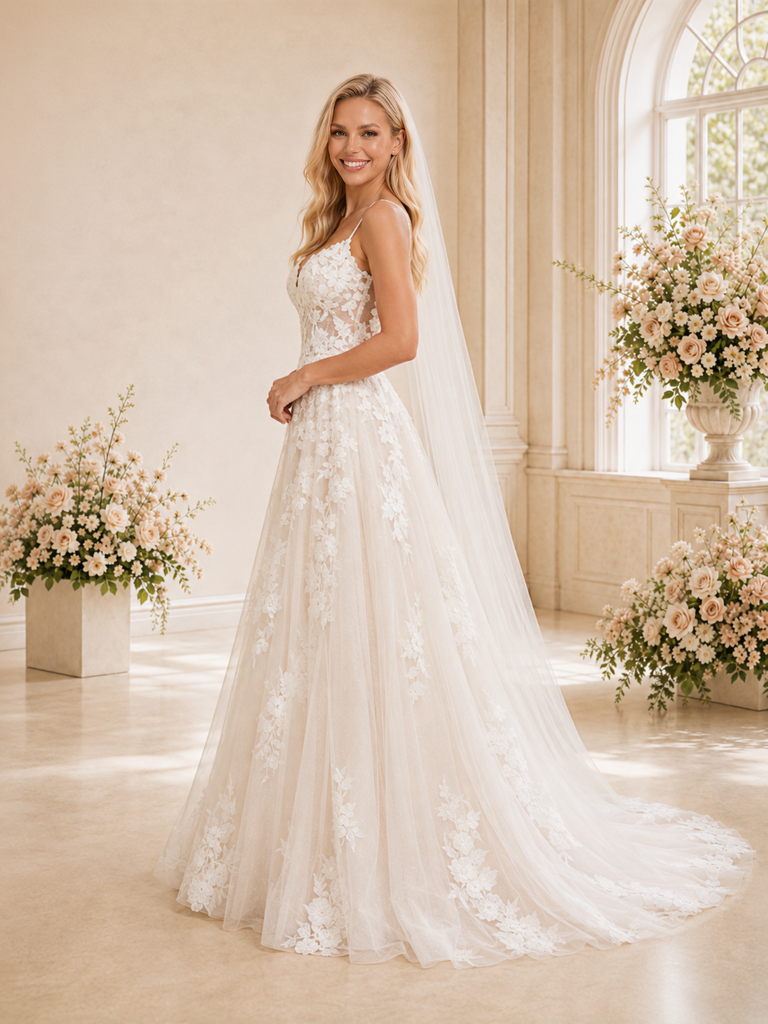 ChicSew Beautiful A-line Spaghetti Straps V-Neck Long Lace Appliques Wedding Dresses Online