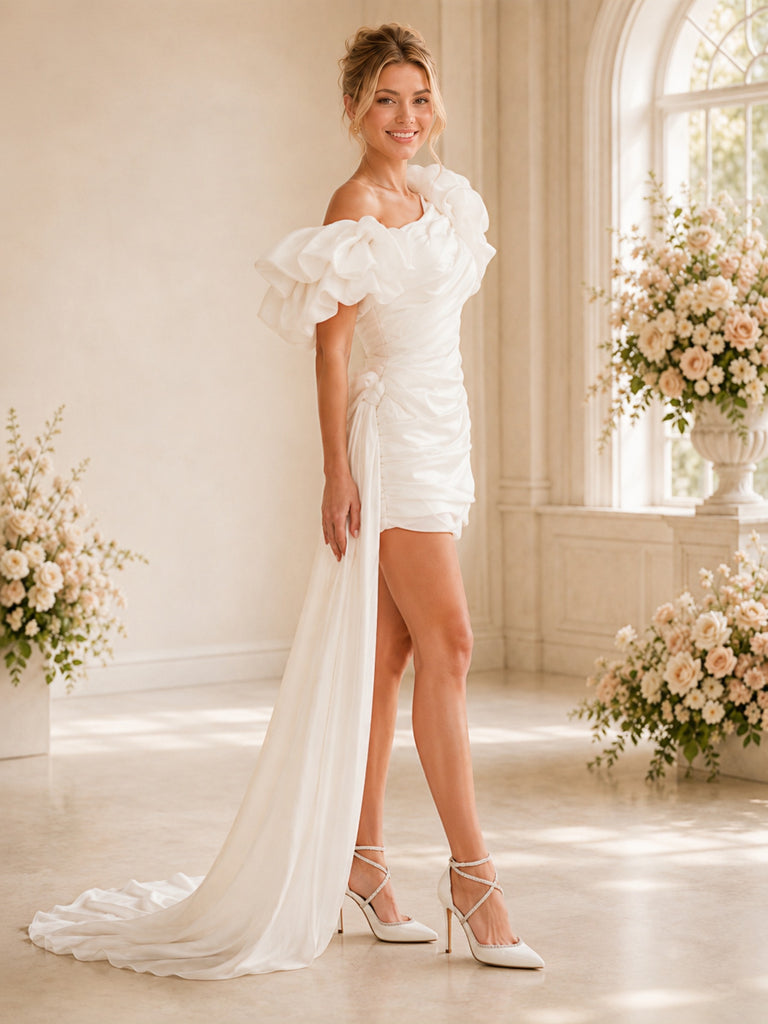 ChicSew Asymmetrical One Shoulder Satin With Ruffle Puff Sleeves Ruched Mini Wedding Dress