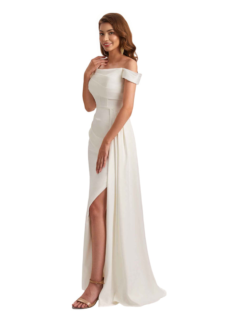 Unique Mermaid Off Shoulder Soft Satin Side Slit Long Bridesmaid Dresses