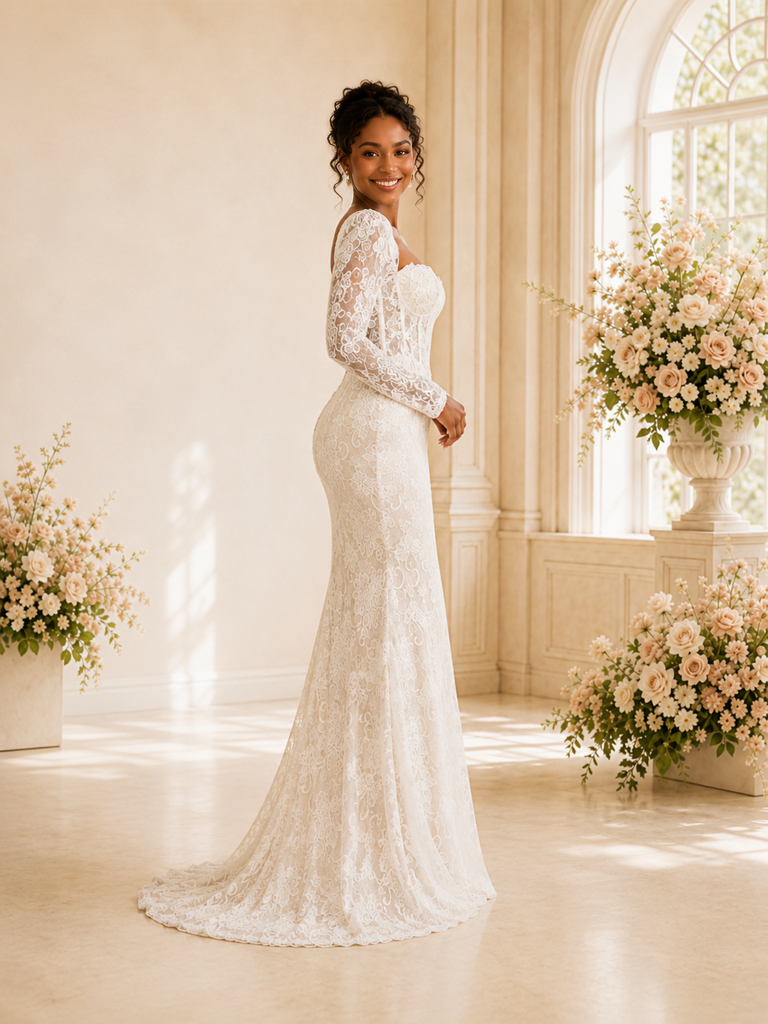 ChicSew Fancy Sweetheart Lace Appliques Long Sleeves Mermaid Maxi Wedding Dress
