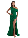 Elegant Asymmetrical One Shoulder Side Split Mermaid Crepe Long Bridesmaid Dresses