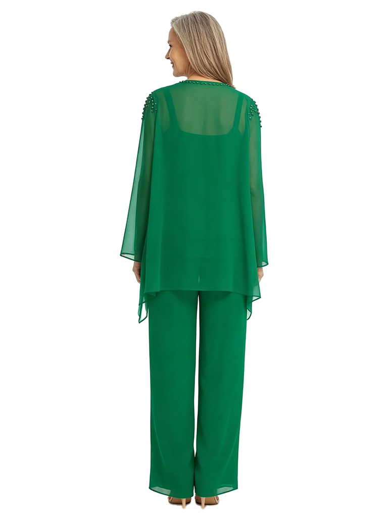 ChicSew Elegant Scoop Long Sleeve Chiffon Jacket Beaded Pant Suit Formal Mom Of The Groom Outfits