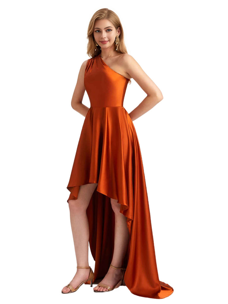 Elegant One Shoulder High Low Satin Ruched Bridesmaid Dresses Online