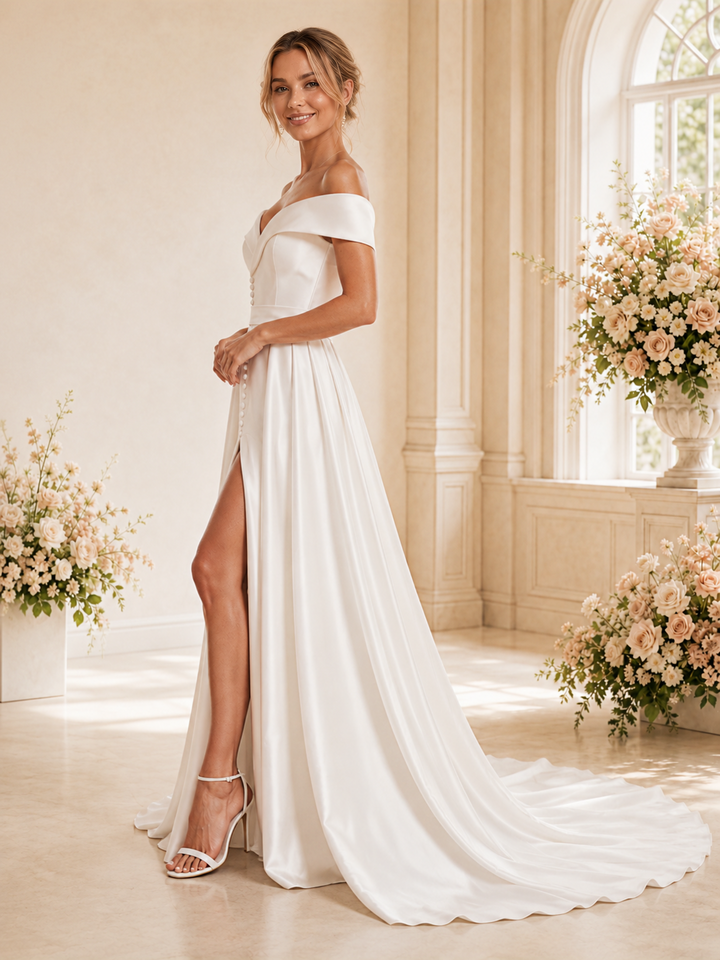 ChicSew Fancy Off The Shouder Slit A-line Satin Floor-Length Wedding Dress