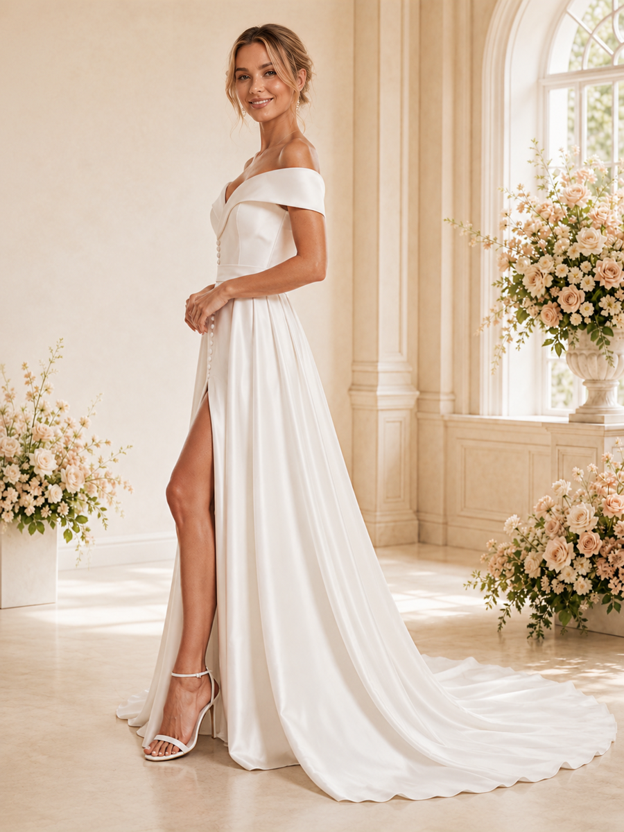 ChicSew Fancy Off The Shouder Slit A-line Satin Floor-Length Wedding Dress