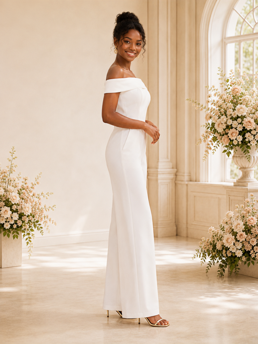 ChicSew Modern Simple Off The Shoulder Crepe Floor-Length Wedding Jumpsuit