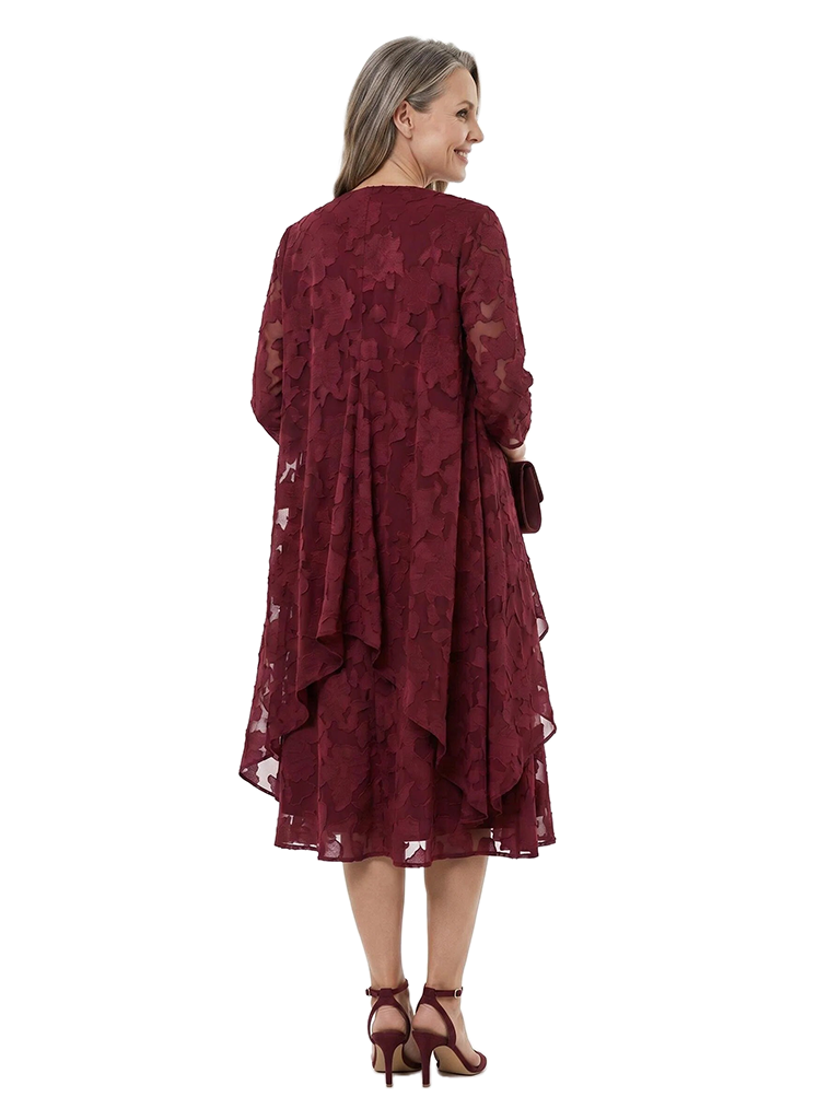 Chicsew Elegant Scoop 3/4 Sleeves Two-Pieces Floral Burnout Chiffon A-line Formal Mother of Bride Dress
