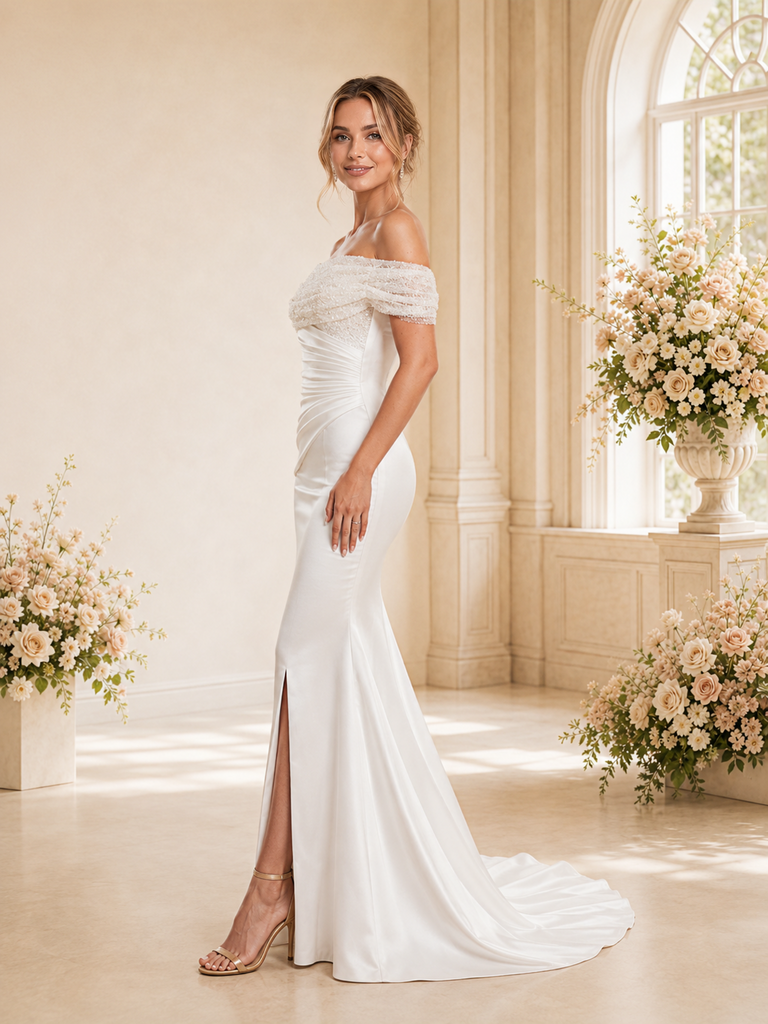 ChicSew Fancy Off The Shoulder Side Slit Ruching Mermaid Satin Floor-Length Wedding Dress