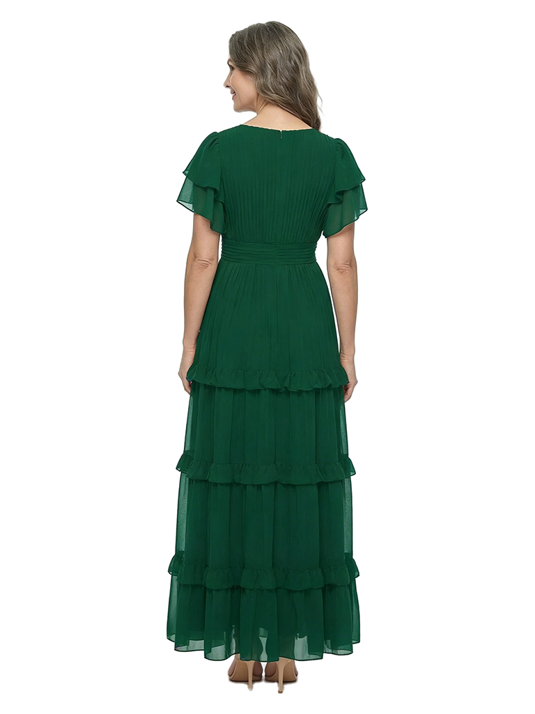 ChicSew V-Neck Flutter Sleeve Tiered Ruffle Long Chiffon Mother of the Bride Dresses