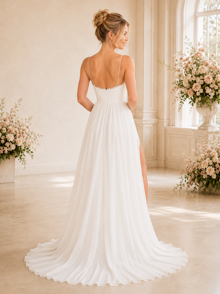 ChicSew Sexy A-Line Spaghetti Straps Chiffon Sleeveless Side Slit Long Wedding dresses Online