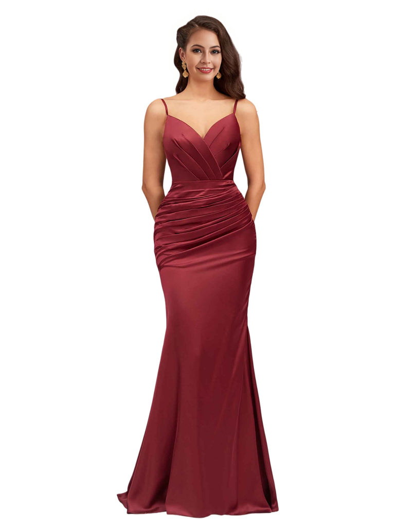 Elegant V-Neck Spaghetti Straps Sleeveless Soft Satin Mermaid Bridesmaid Dresses