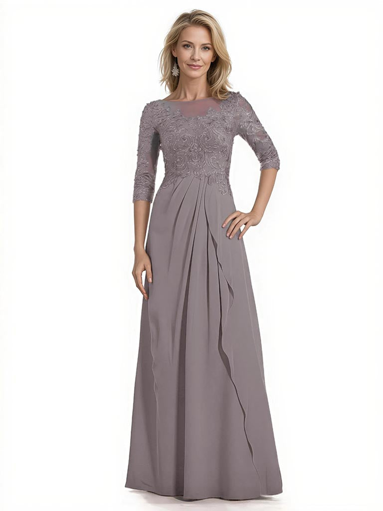 Women's Lace Applique Half Sleeves Chiffon A-Line Mother Of The Bride and Groom Dresses