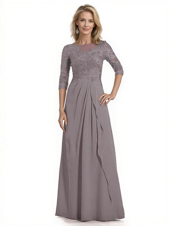 Women's Lace Applique Half Sleeves Chiffon A-Line Mother Of The Bride and Groom Dresses