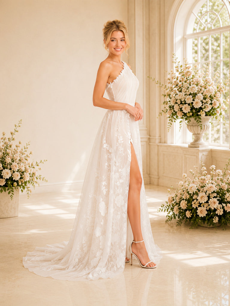 ChicSew Romantic Asymmetric One Shoulder Side Slit A-Line Long Wedding Dresses