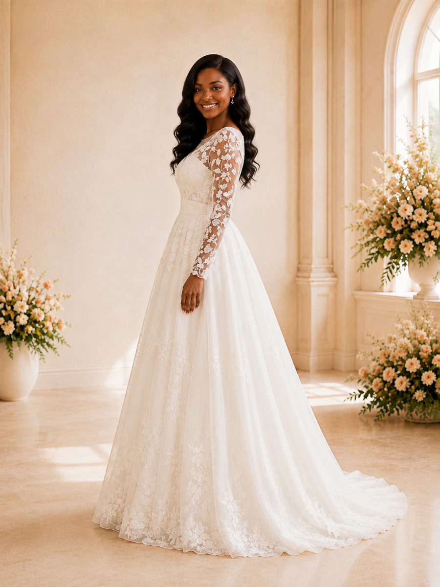 ChicSew Elegant Romantic Illusion Long Sleeves Lace Appliques Tulle A-Line Maxi Wedding Dress