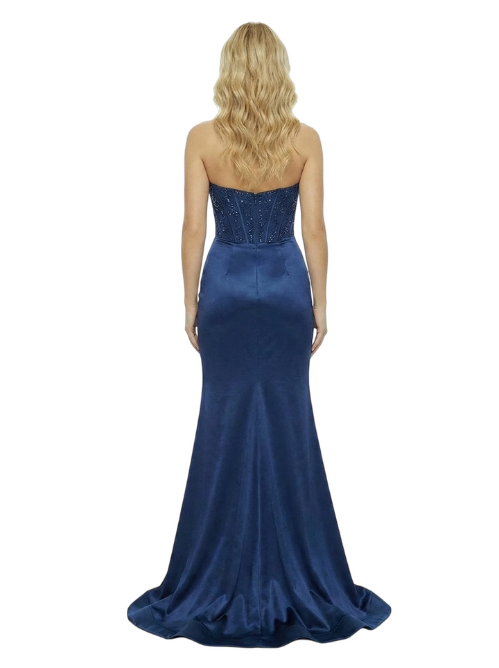 ChicSew Pretty Strapless Sweetheart Corset Sequin Mermaid Satin Maxi Long Evening Gown With Side Slit