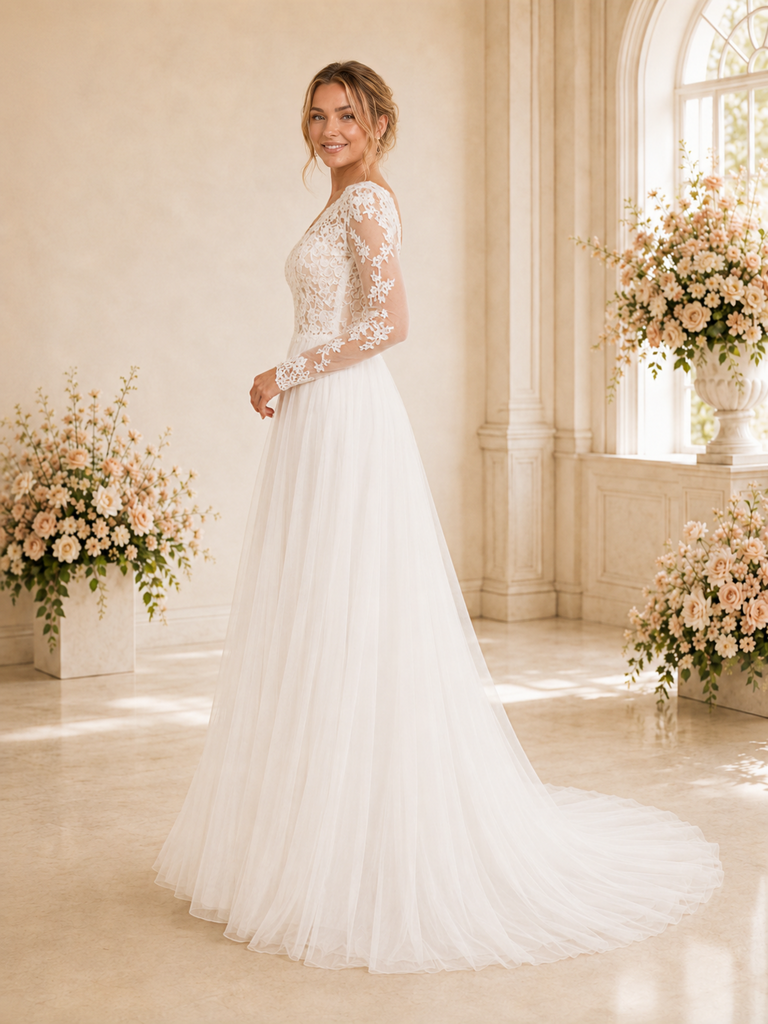 ChicSew Classy Lace Applique Tulle Long Sleeves A-Line Maxi Long Wedding Dress