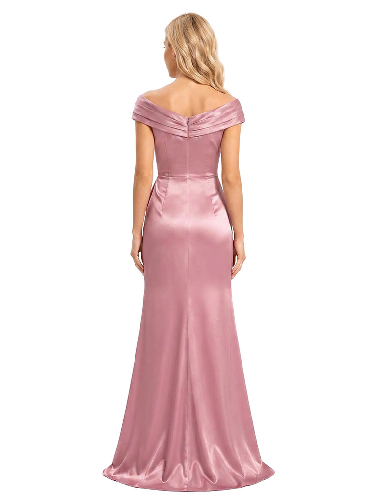 ChicSew Off The Shoulder Ruffle Side Slit Soft Satin Floor Length Classy Ruched Mermaid Bridesmaid Dress For Sophisticated Wedding Ceremonies