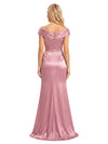 ChicSew Off The Shoulder Ruffle Side Slit Soft Satin Floor Length Classy Ruched Mermaid Bridesmaid Dress For Sophisticated Wedding Ceremonies