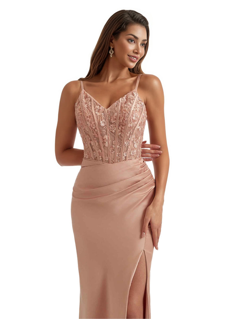 Elegant Mermaid Lace Applique Side Slit Satin Long Bridesmaid Dresses Spaghetti Straps