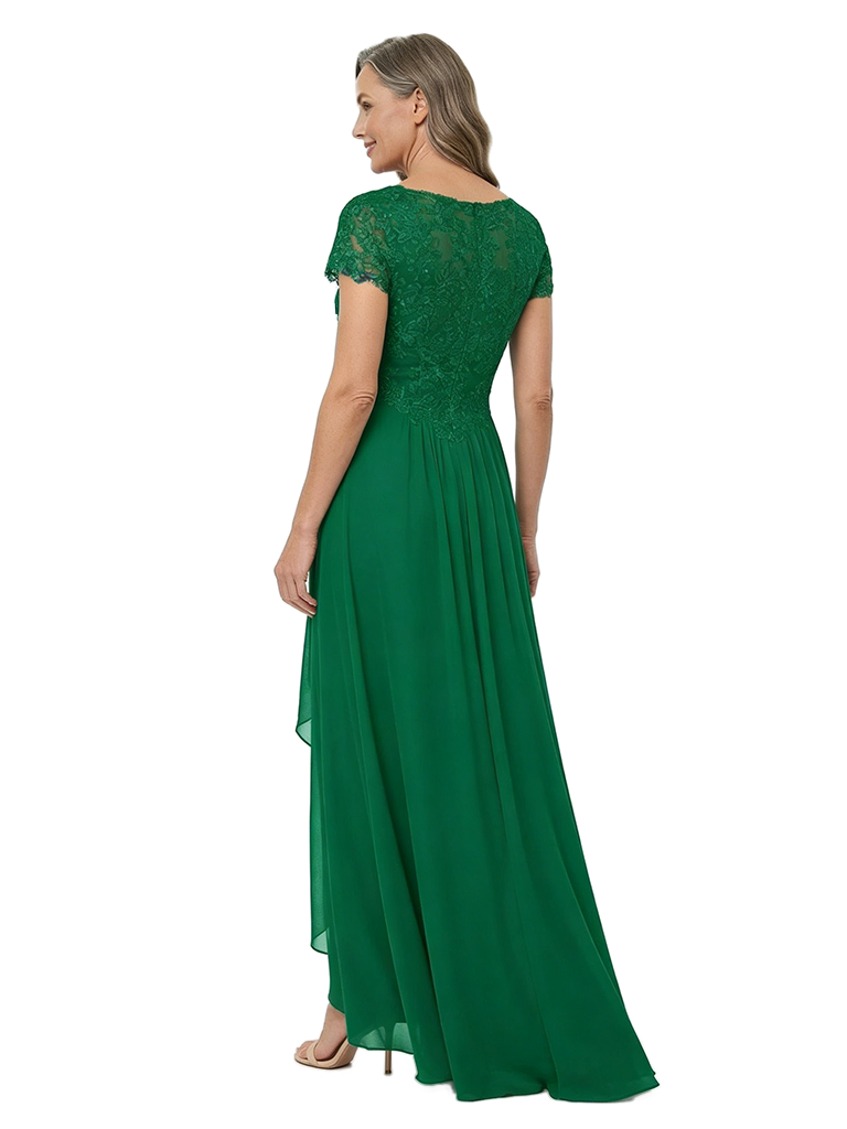 ChicSew V-Neck Short Sleeve Lace Ruched Waist High Low Hem Floor Length Chiffon Elegant Mother of the Bride Dresses