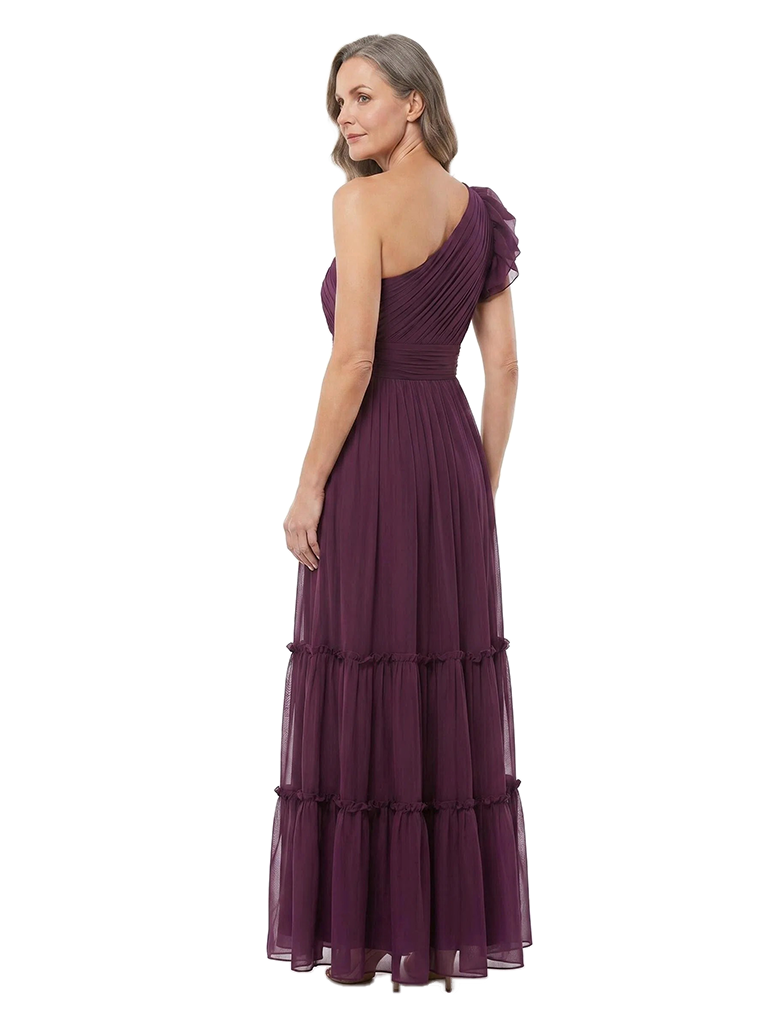 ChicSew One Shoulder Ruffle Chiffon Tiered A-Line Long Mother of the Bride Dress