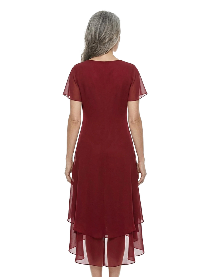 ChicSew Jewel Short Sleeve Beaded Neckline Layered Ruffle High Low Hem Tea Length Chiffon Casual Mother Of The Bride Dresses