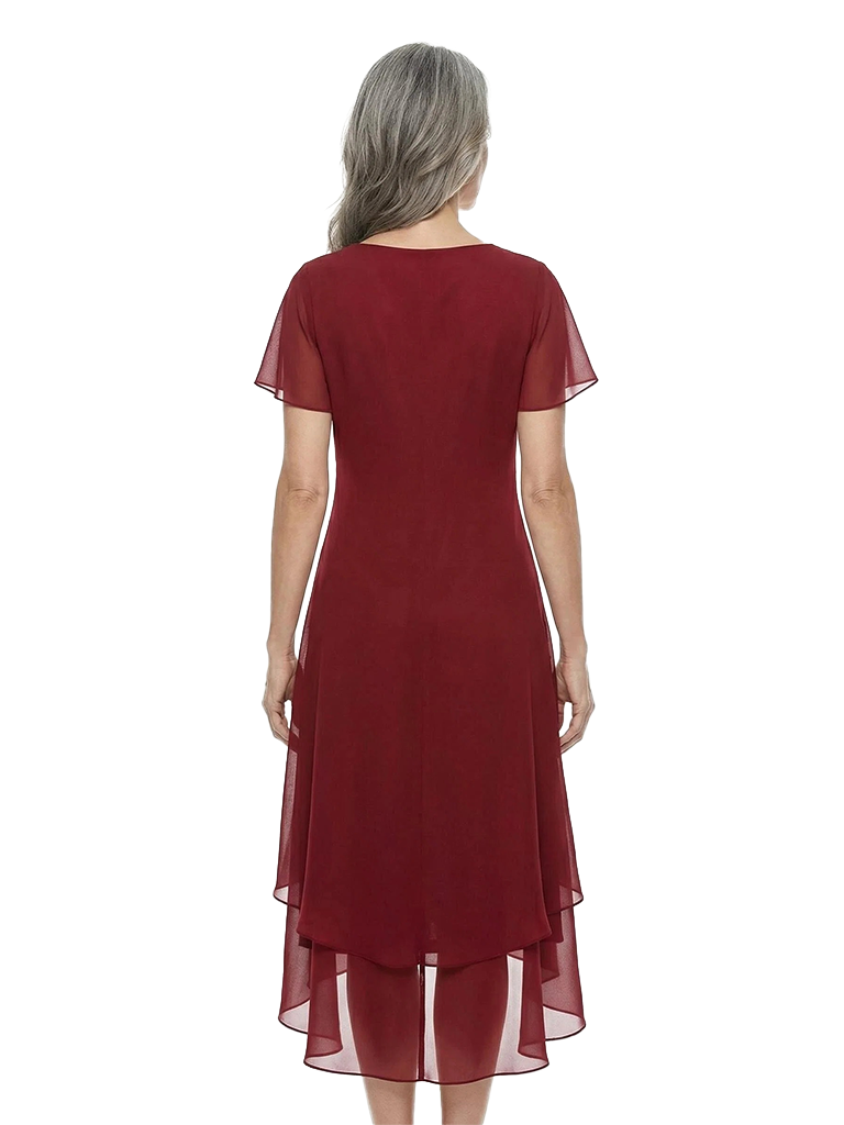 ChicSew Jewel Short Sleeve Beaded Neckline Layered Ruffle High Low Hem Tea Length Chiffon Casual Mother Of The Bride Dresses