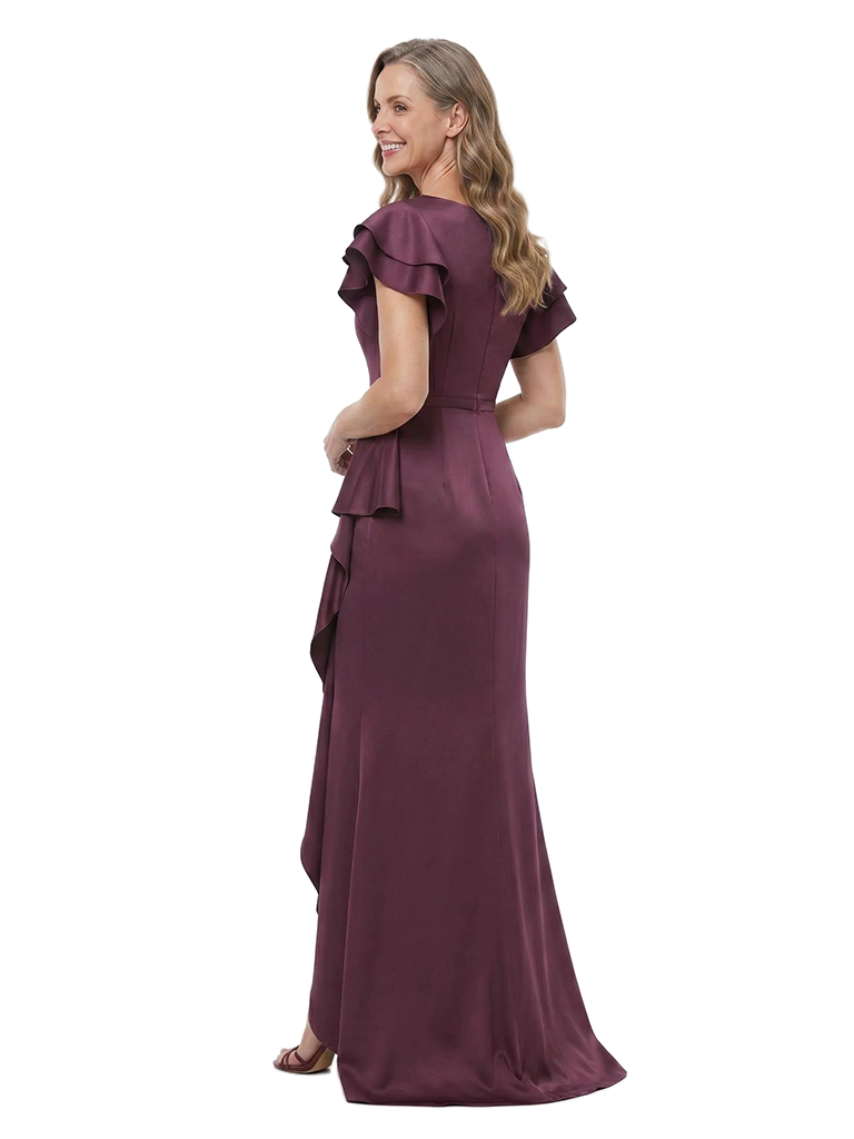 ChicSew V-Neck Flutter Sleeve Ruffle Satin Mermaid Floor Length Mother of the Bride Dress