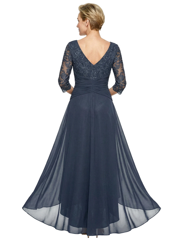 Beautiful Lace V-Neck High-Low Mother Of The Bride Dress With Sleeves