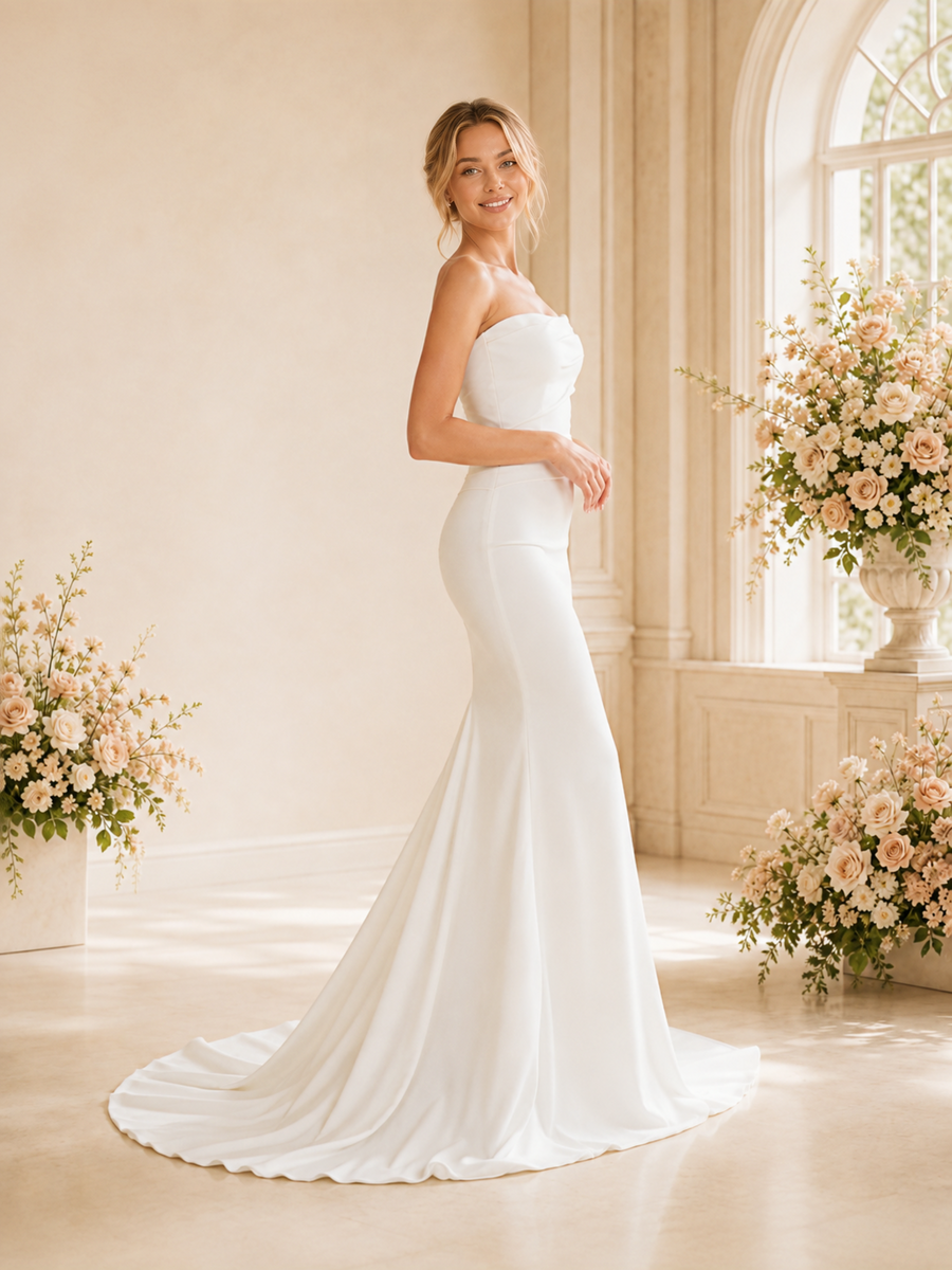 ChicSew Modern Strapless Sleeveless Crepe Long Mermaid Wedding Dress
