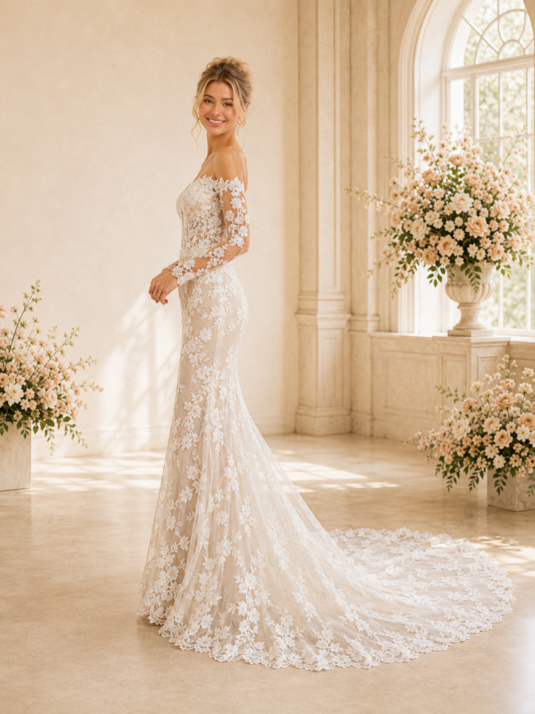ChicSew Fancy V-Neck 3/4 Sleeves Lace Mermaid Long Wedding Dresses With Train